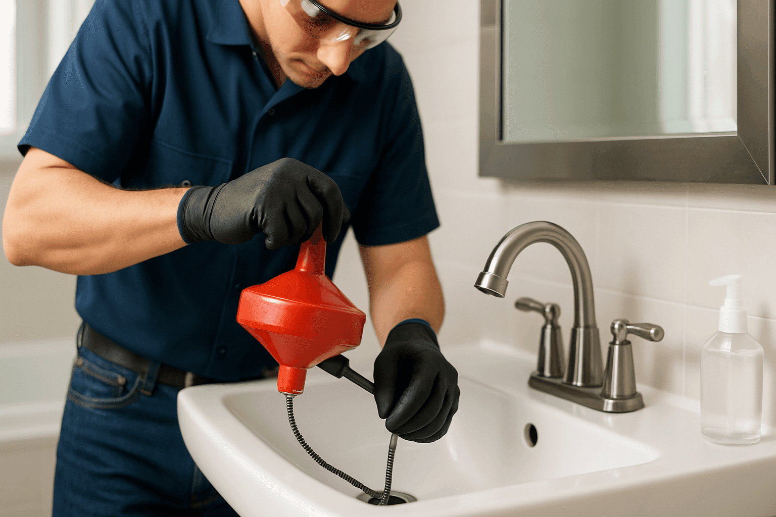 Plumber using drain snake in residential bathroom sink