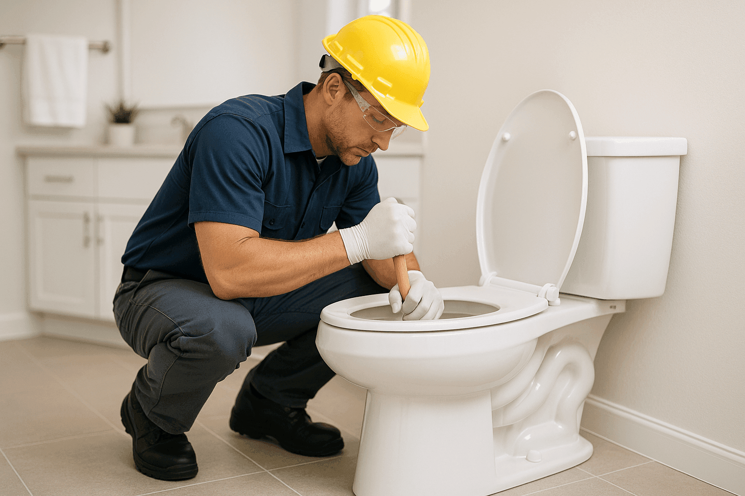 Plumber using plunger on residential toilet in clean bathroom