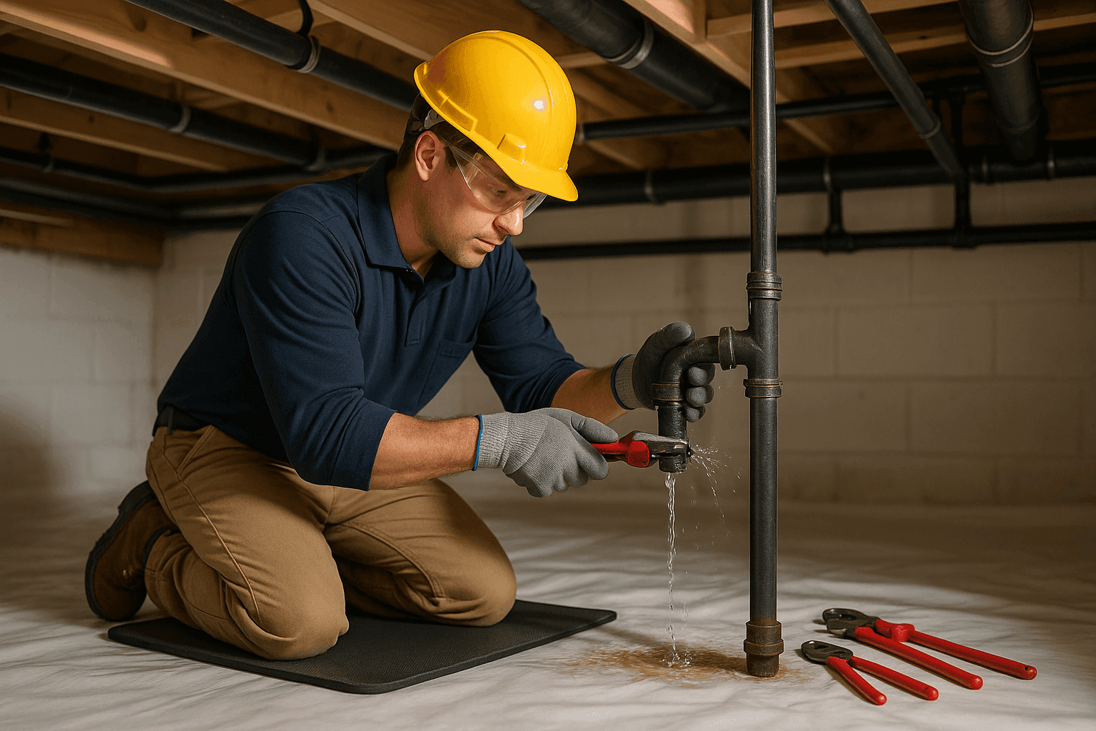 Plomero reparando una tubería con fuga en el espacio de arrastre de una casa