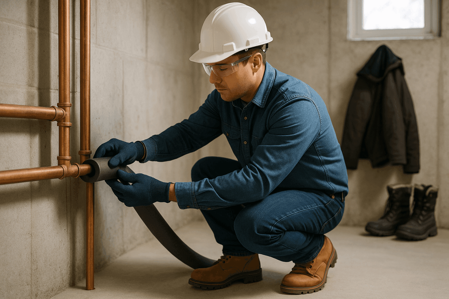Plumber insulating pipes in a cold basement to prevent freezing