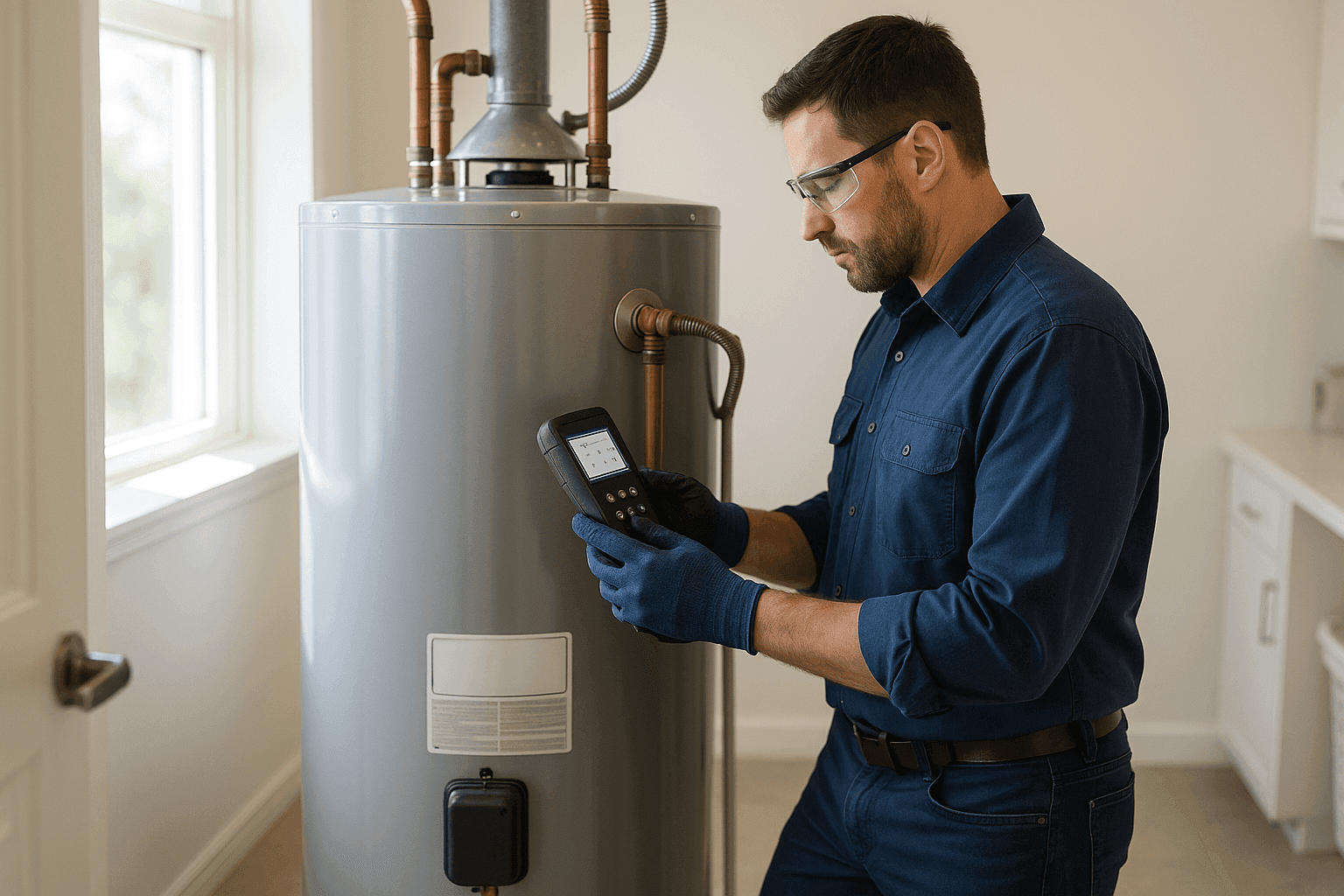 Technician inspecting residential water heater with diagnostic tool